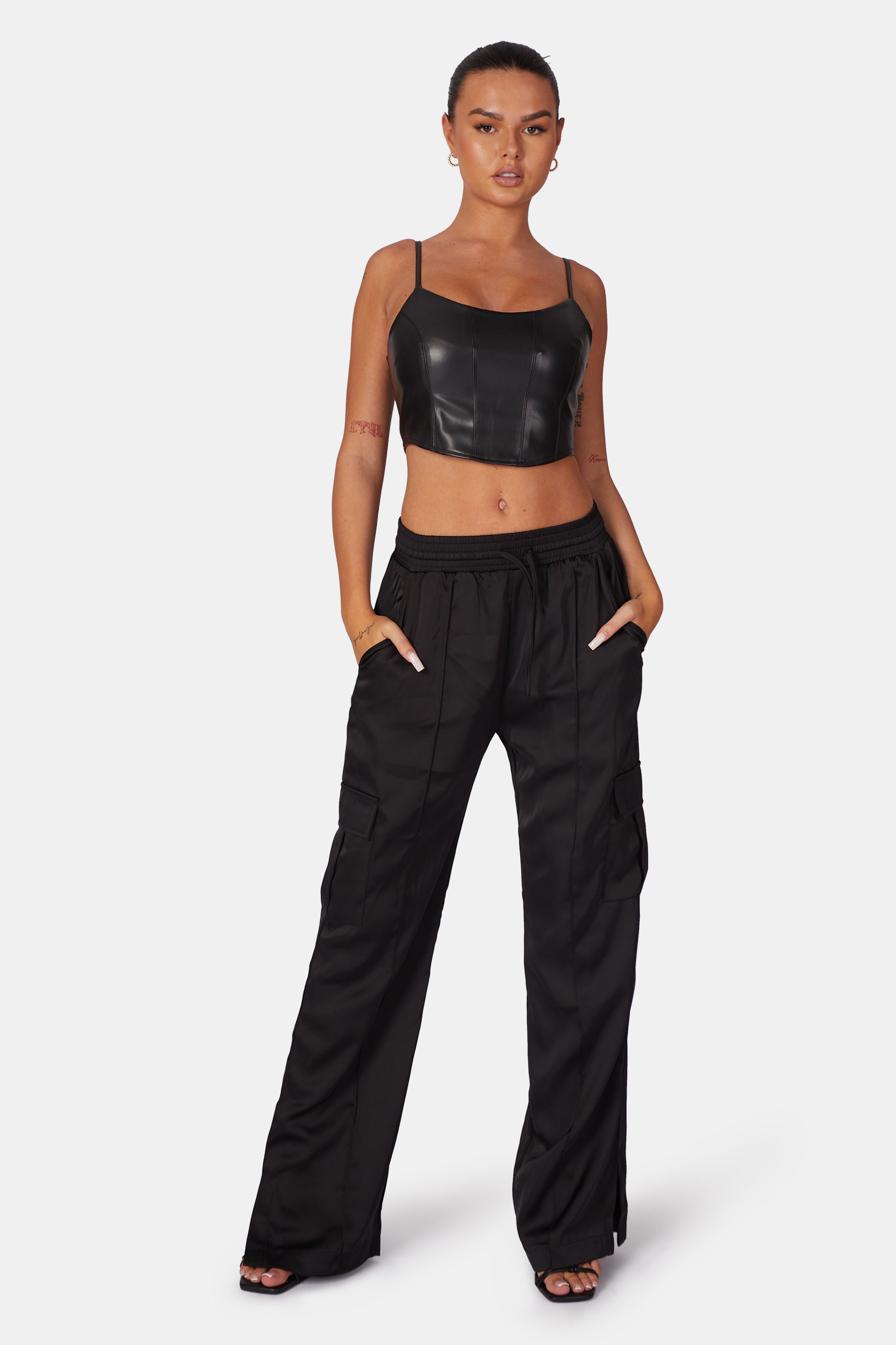 Image of SPLIT HEM SATIN ELASTICATED WAIST WIDE LEG CARGO TROUSERS BLACK