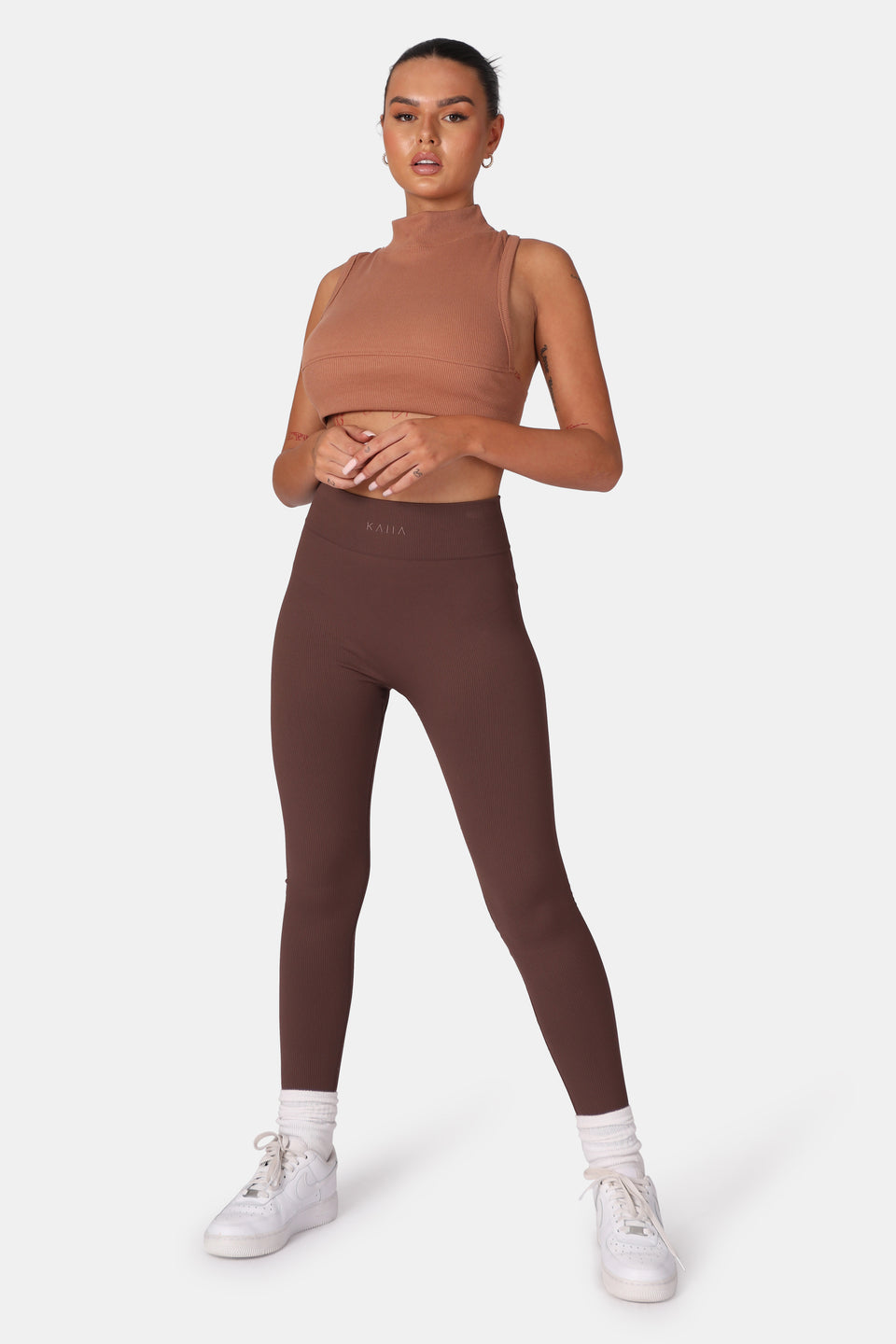 Shape Chocolate Brown Rib Ruched Front Tie Leggings