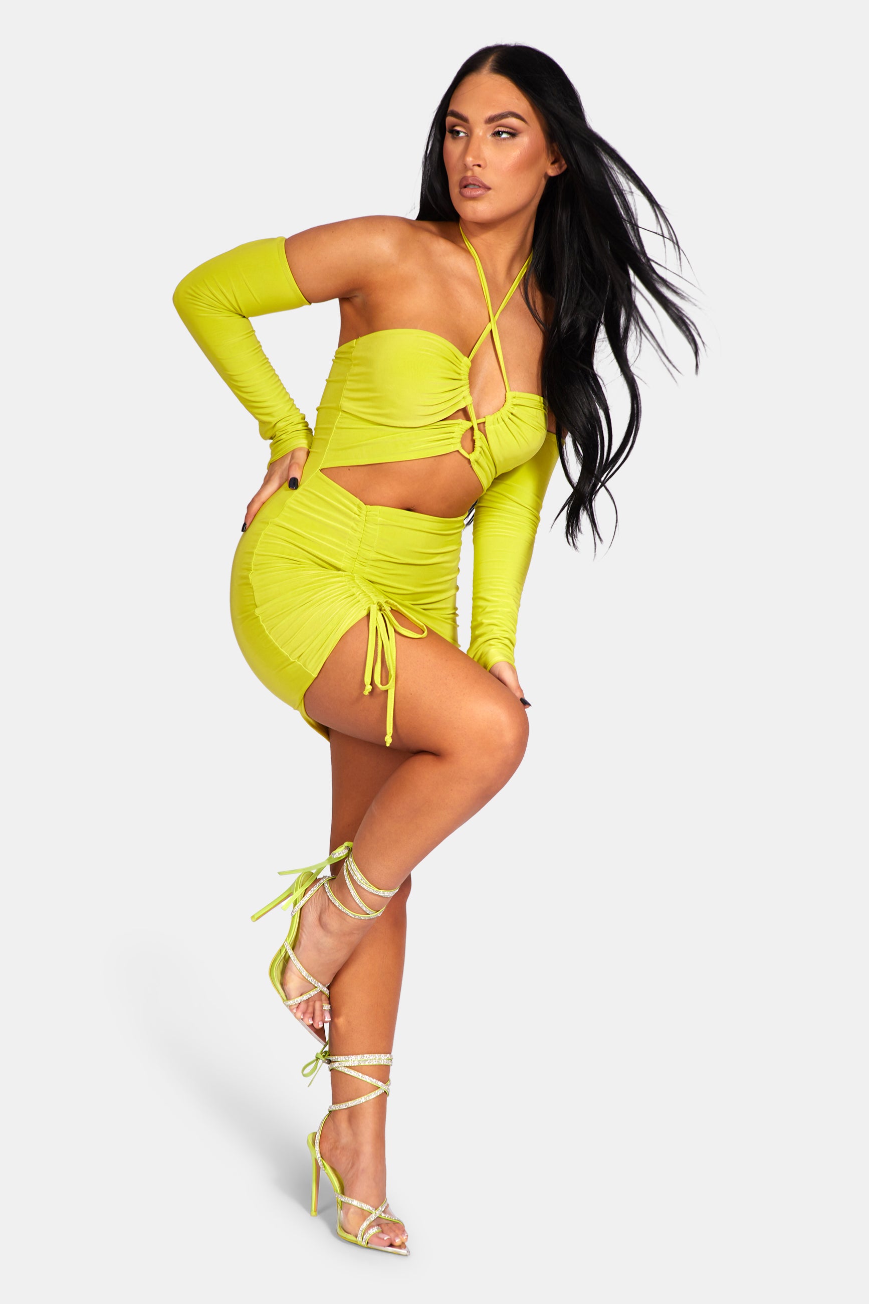 Image of STRAPPY CUT AWAY SLINKY DRESS LIME