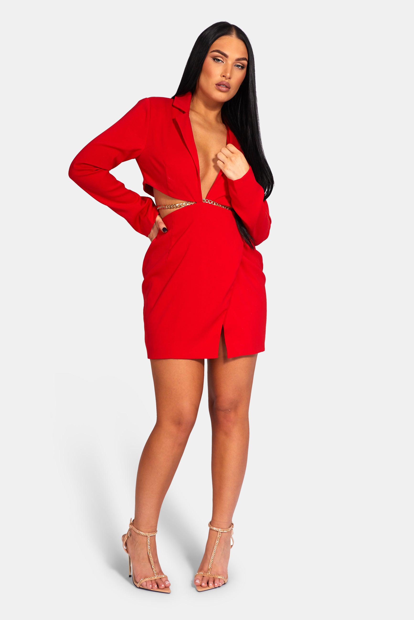 Image of CUT OUT CHAIN WAIST BLAZER DRESS RED