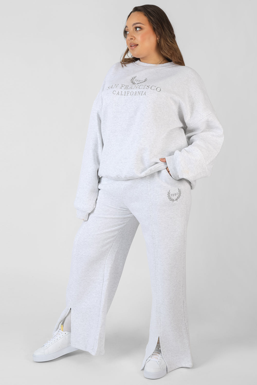 Image of CURVE OVERSIZED EMBROIDERED SPLIT FRONT JOGGERS OATMEAL MARL