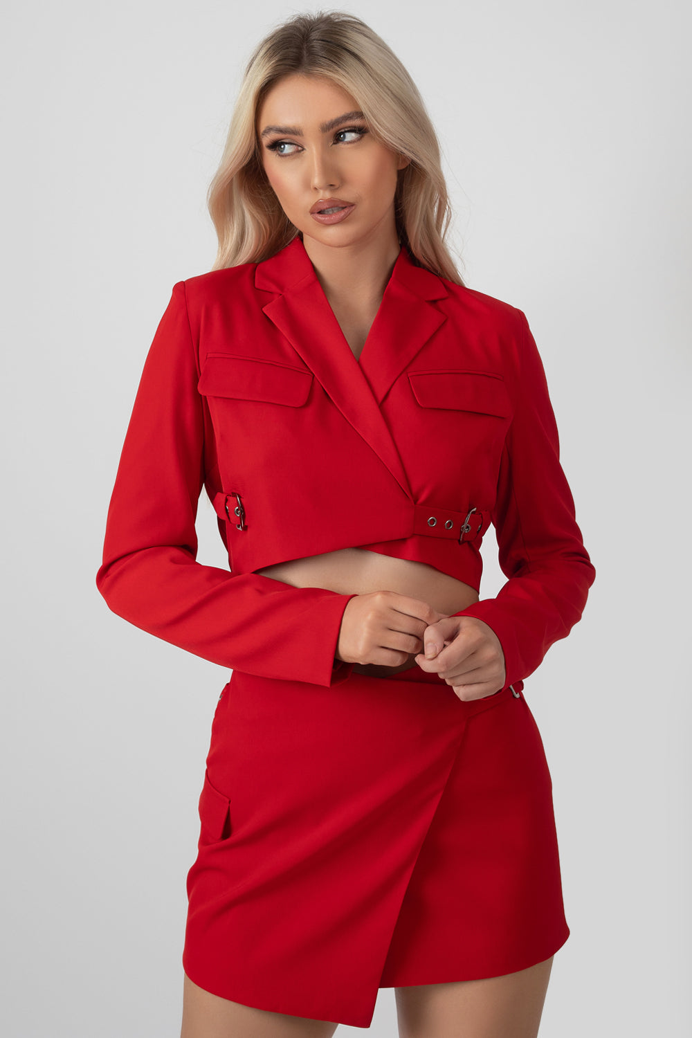 Image of BUCKLE DETAIL CROPPED BLAZER RED