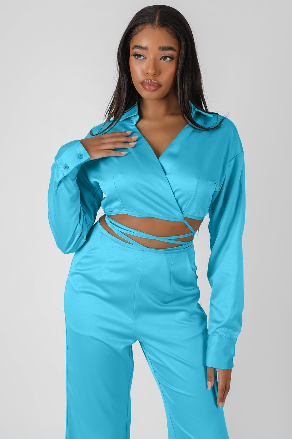 Image of WRAP CROPPED SHIRT BLUE