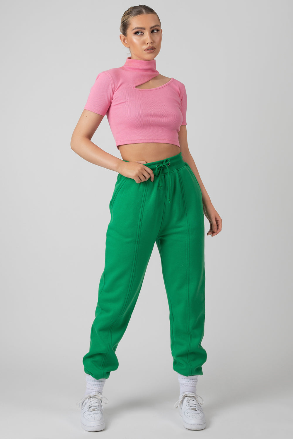 Image of High Neck Ribbed Cut Out Cropped T Shirt Pink UK 6
