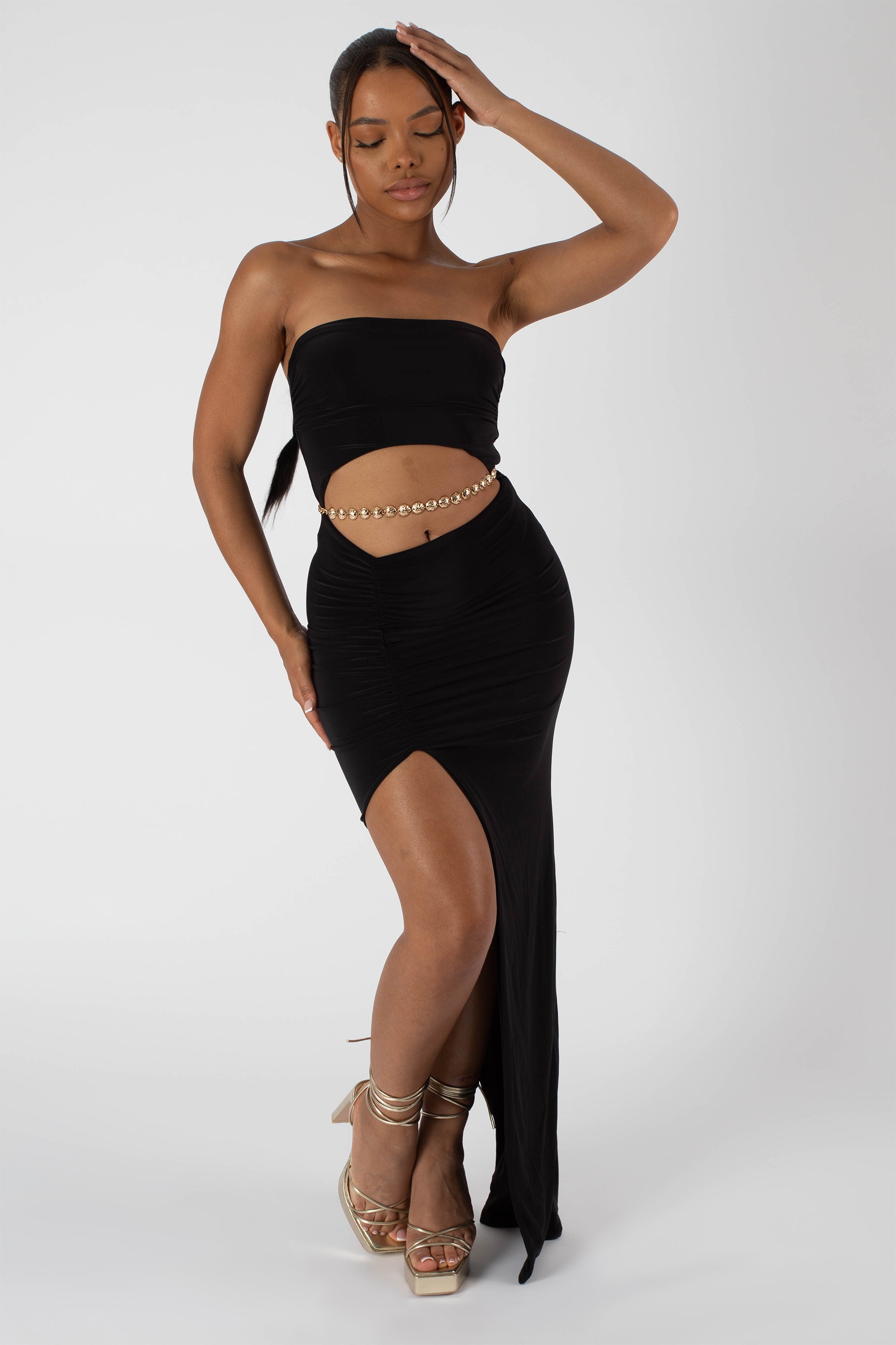 Image of SPLIT SIDE BANDEAU SLINKY MAXI DRESS BLACK