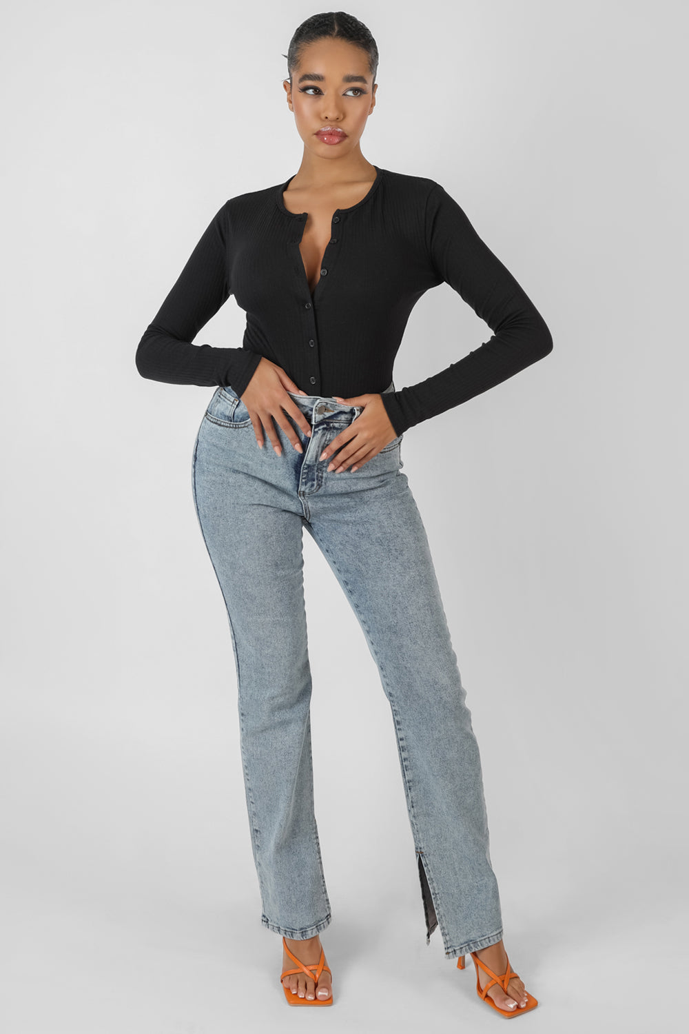 Front Button Long Sleeve Ribbed Bodysuit Black UK 12 product