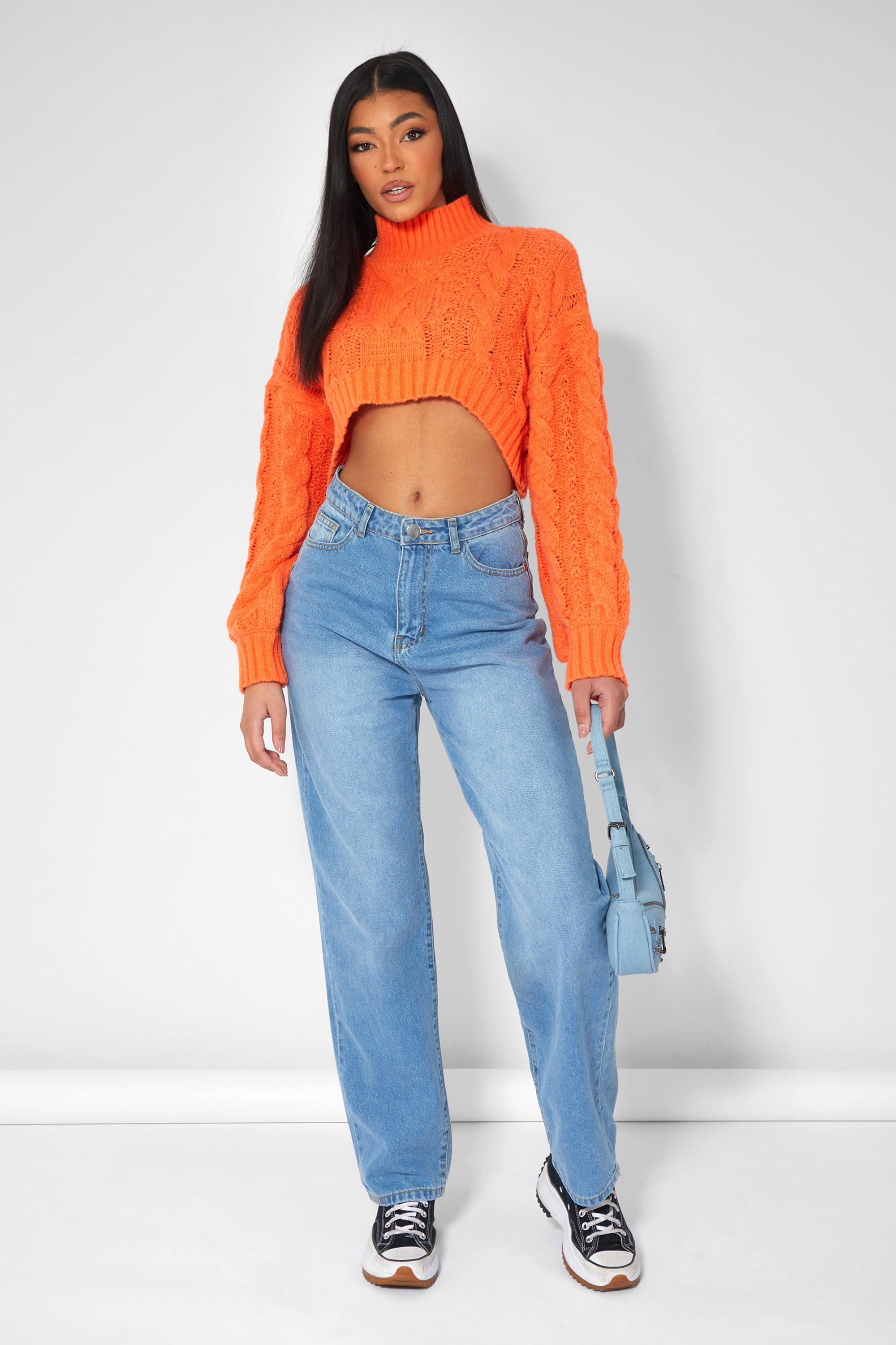 Image of Roll Neck Cropped Cable Knitted Jumper Orange M/L