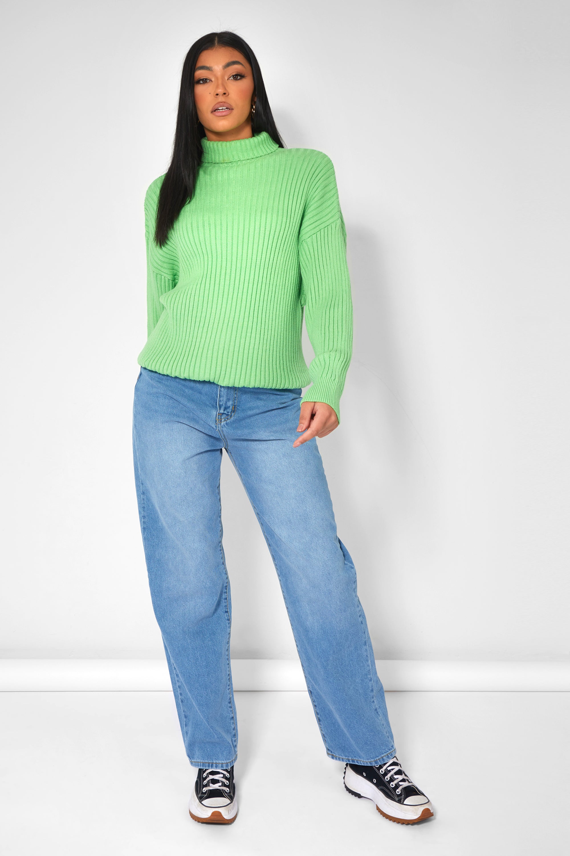 Image of HIGH NECK CONSTRAST STITCH RIBBED KNITTED OVERSIZED JUMPER GREEN