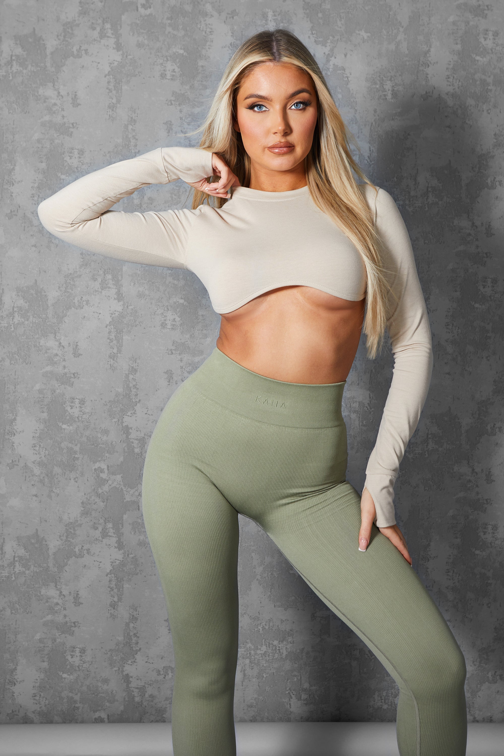 Image of LONG SLEEVE UNDERBUST CROP TOP STONE