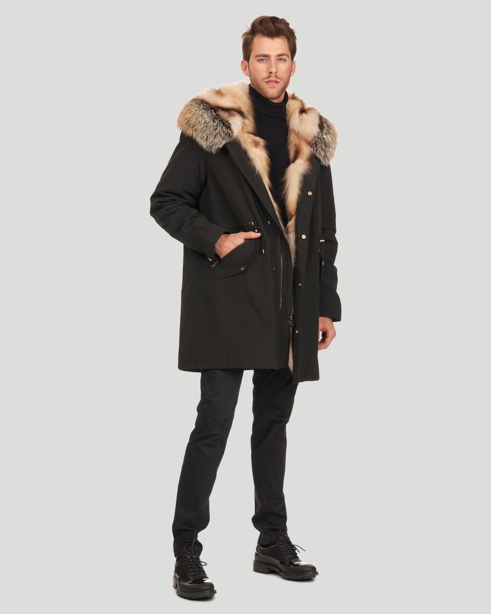 Mens Parka With Fox Tuxedo And Hood Trim - Gorski Montreal product image