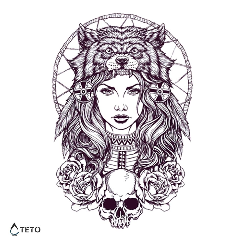 Teto - Tatuajes Temporales - Mujer primitiva con piel de lobo - Mediano -   – Mercados Latam