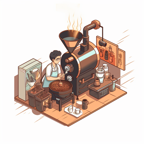 An anime-style illustration of a meticulous coffee roasting process against a bright, white background. The vibrant, high-dynamic-range image, impeccably square at 800px by 800px, symbolizes the transition from instant coffee to freshly roasted beans sourced from local roasters. The image subtly emphasizes the hard work, discipline, and high level of quality control in the roasting process, which plays a crucial role in developing the rich flavor and aroma of the coffee. Although no people or text are visible, the focus remains firmly on the transformation of the coffee beans during roasting.