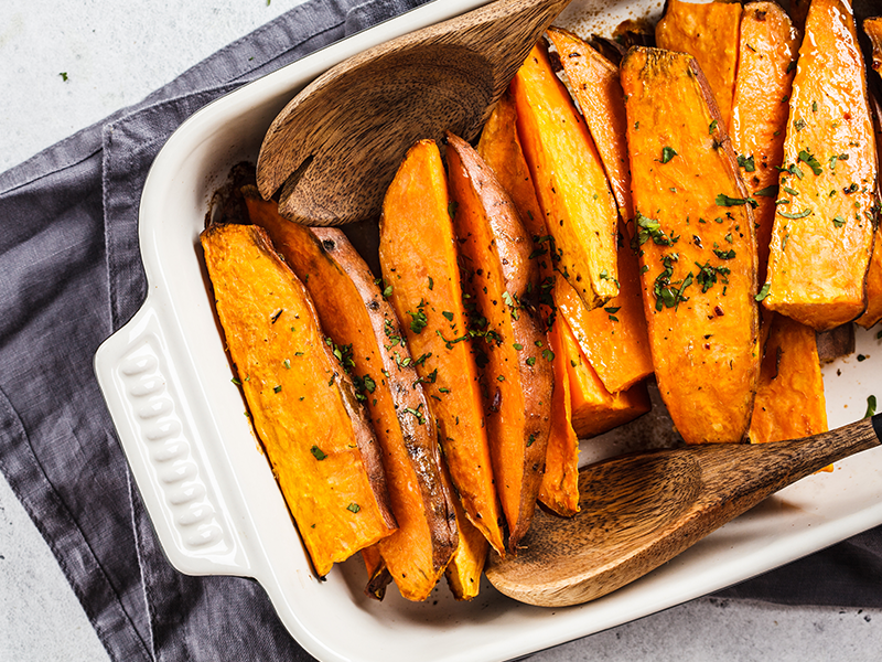 Sliced and roasted sweet potatoes