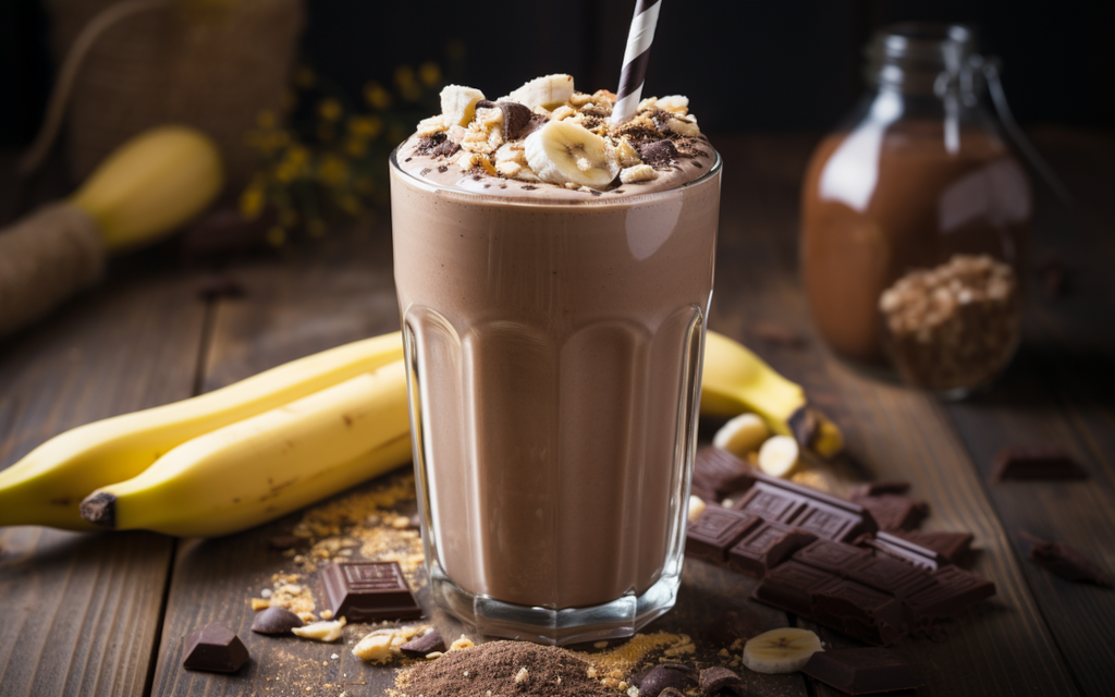 Chocolate, banana and peanut butter protein shake