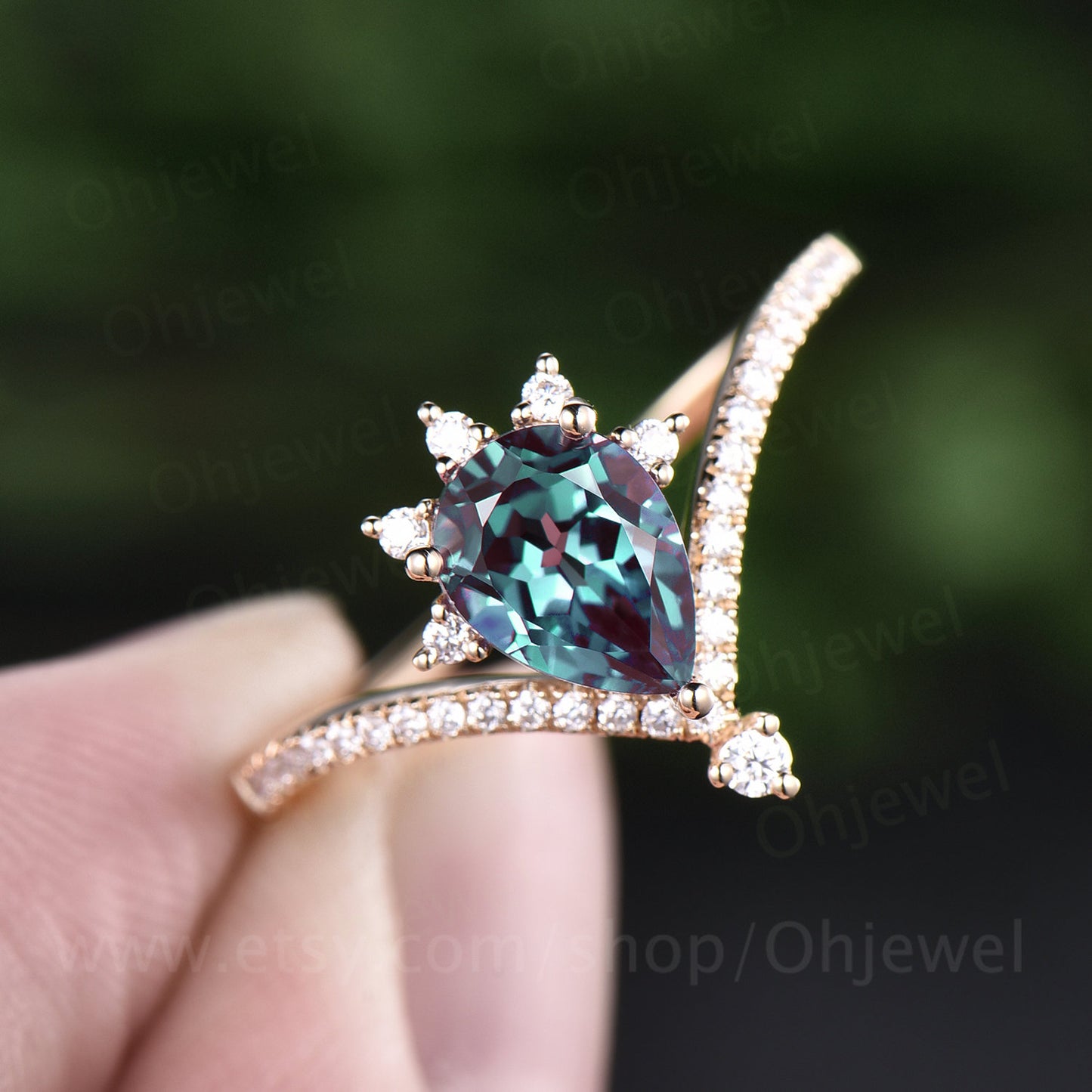 Antique vintage unique engagement ring  pear color change alexandrite engagement ring 14k yellow rose gold June birthstone moissanite ring