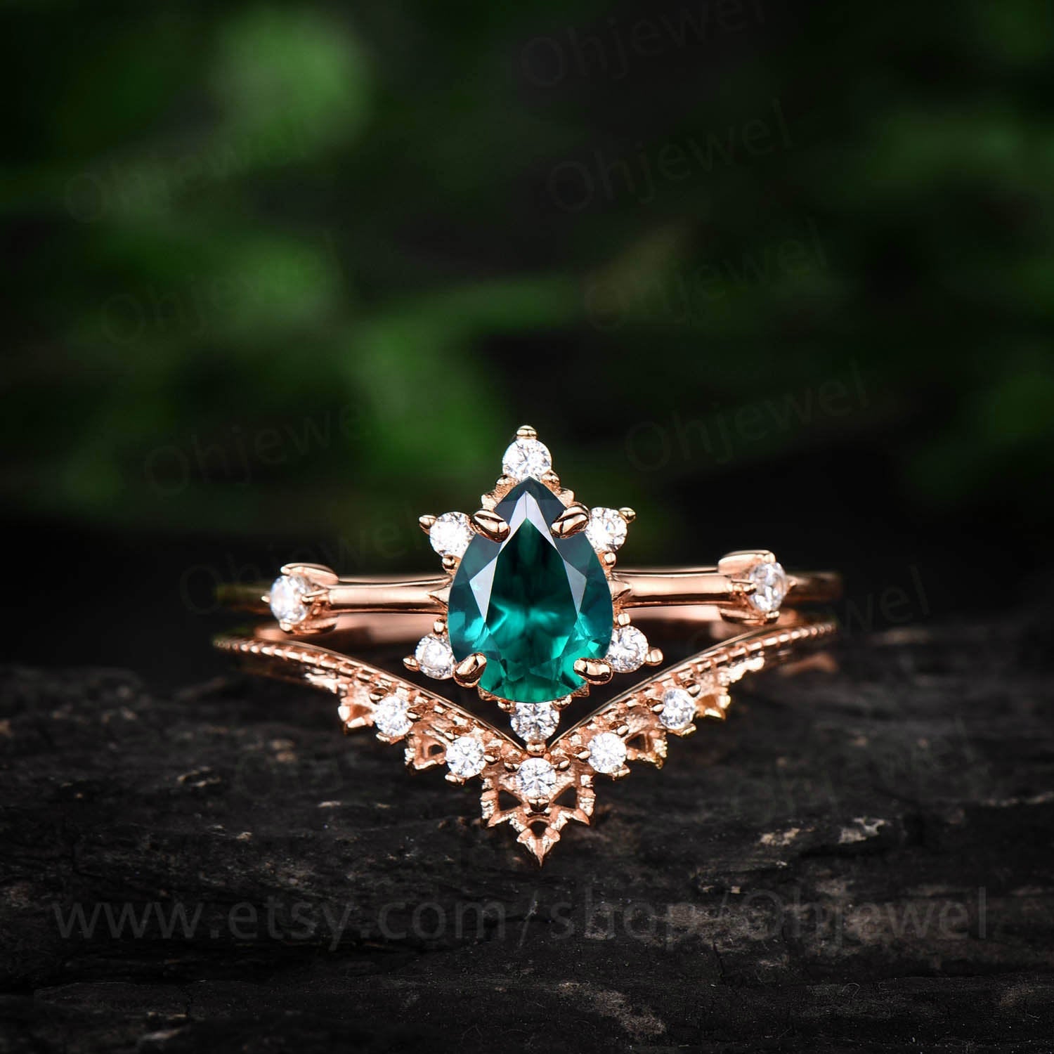 2 Carat Princess Cut Moissanite Engagement Ring Set Rose Gold Accent Diamond
