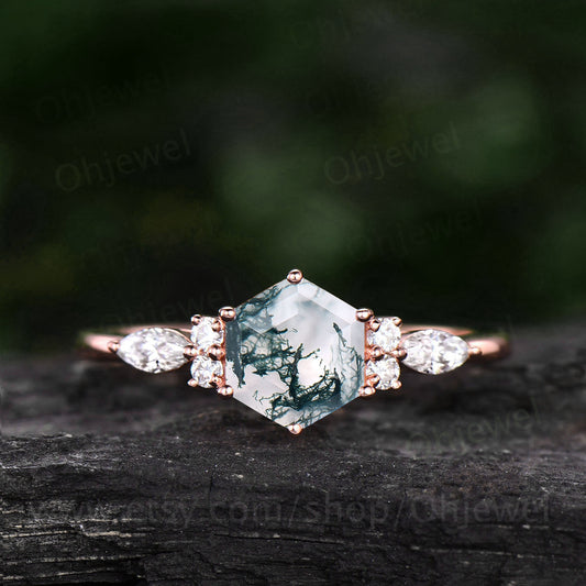 Hexagon Moss Agate Engagement Ring Leaf Flower Rose Gold Silver