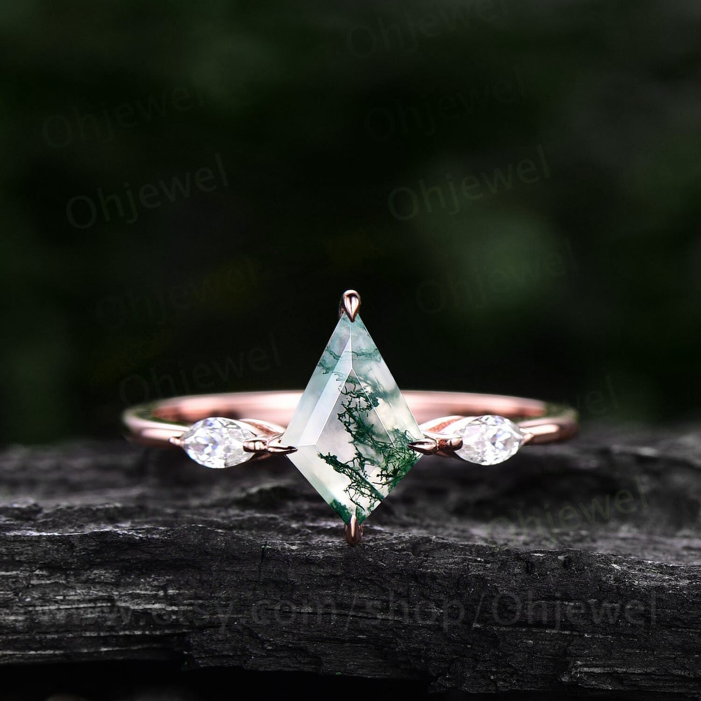 Vintage kite cut green moss agate engagement ring set rose gold three stone marquise cut moissanite ring unique wedding ring set for women