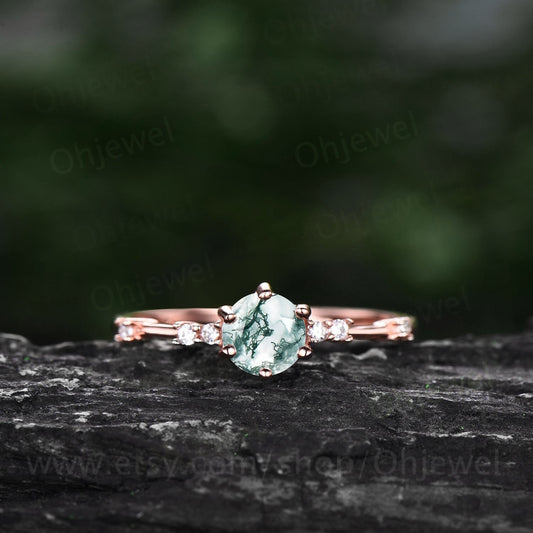 Hexagon Moss Agate Engagement Ring Leaf Flower Rose Gold Silver