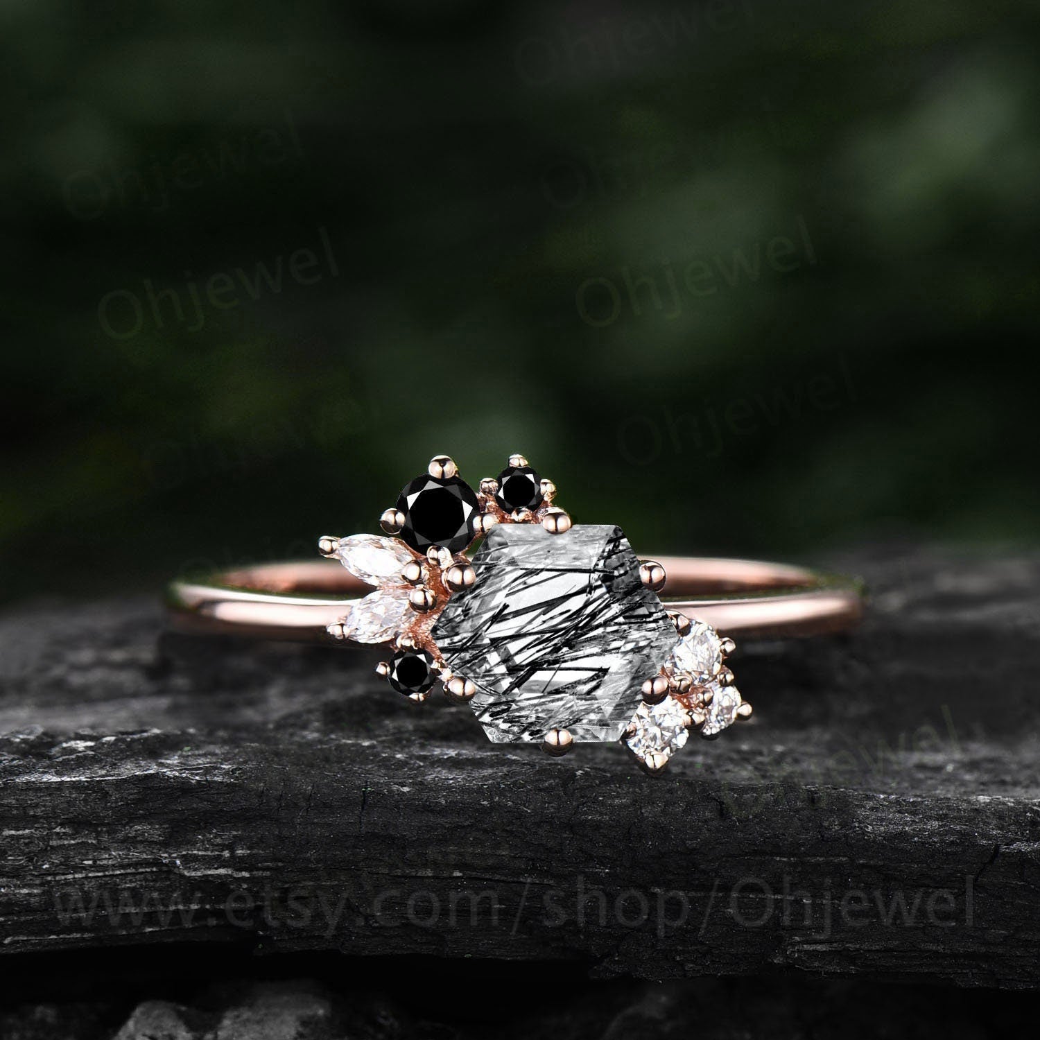 Unique rose quartz wedding ring set vintage rose quartz engagement rin –  WILLWORK JEWELRY