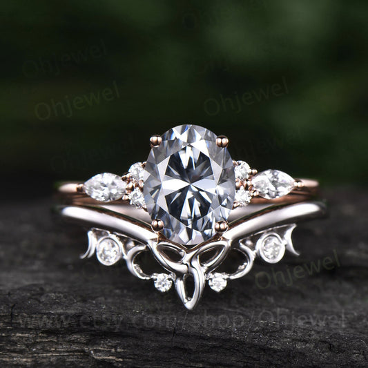 Unique Bridal Ring Set Oval Cut Moss Agate Engagement Ring Set Vintage  Moissanite Ring Set White Gold Women Cluster Marquise Ring Jewelry 