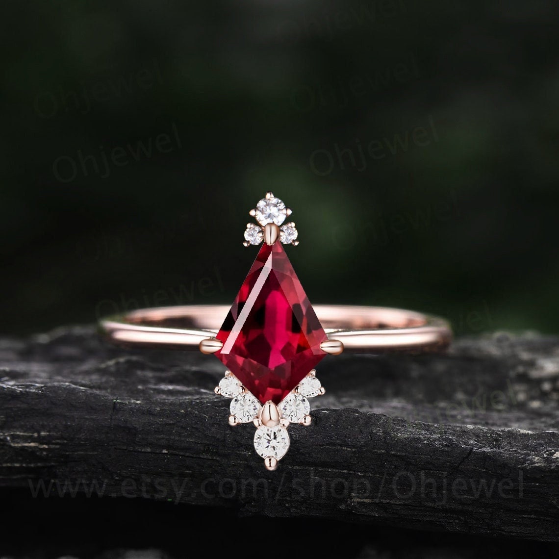 Vintage kite cut red ruby engagement ring solid 14k rose gold Cathedral cluster diamond ring women dainty unique bridal wedding ring gift