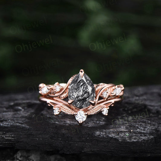 Natural Inspired Leaf Emerald Ring Set Unique Twig Engagement Ring Art Deco Rose Gold Emerald Wedding Ring Set for Women Branch Ring Gift Bridal Set /