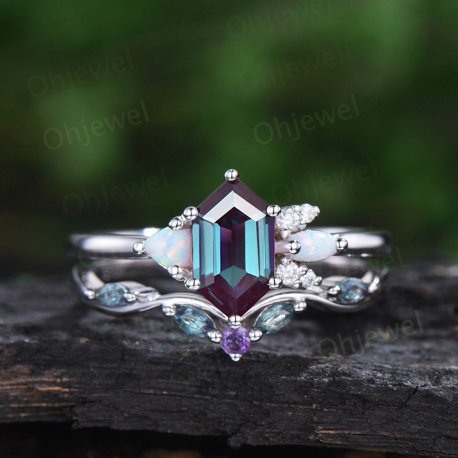 Alexandrite Amethyst Infinity Pave Two Stone ring - 14K White Gold  |JewelsForMe