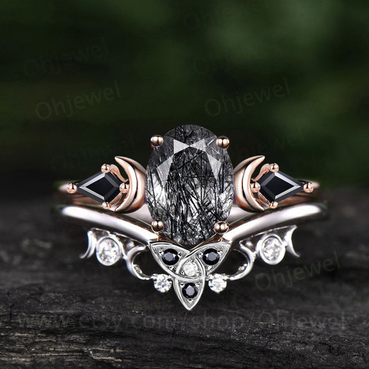 Pear Black Rutilated Quartz Engagement Ring for Women Vintage 