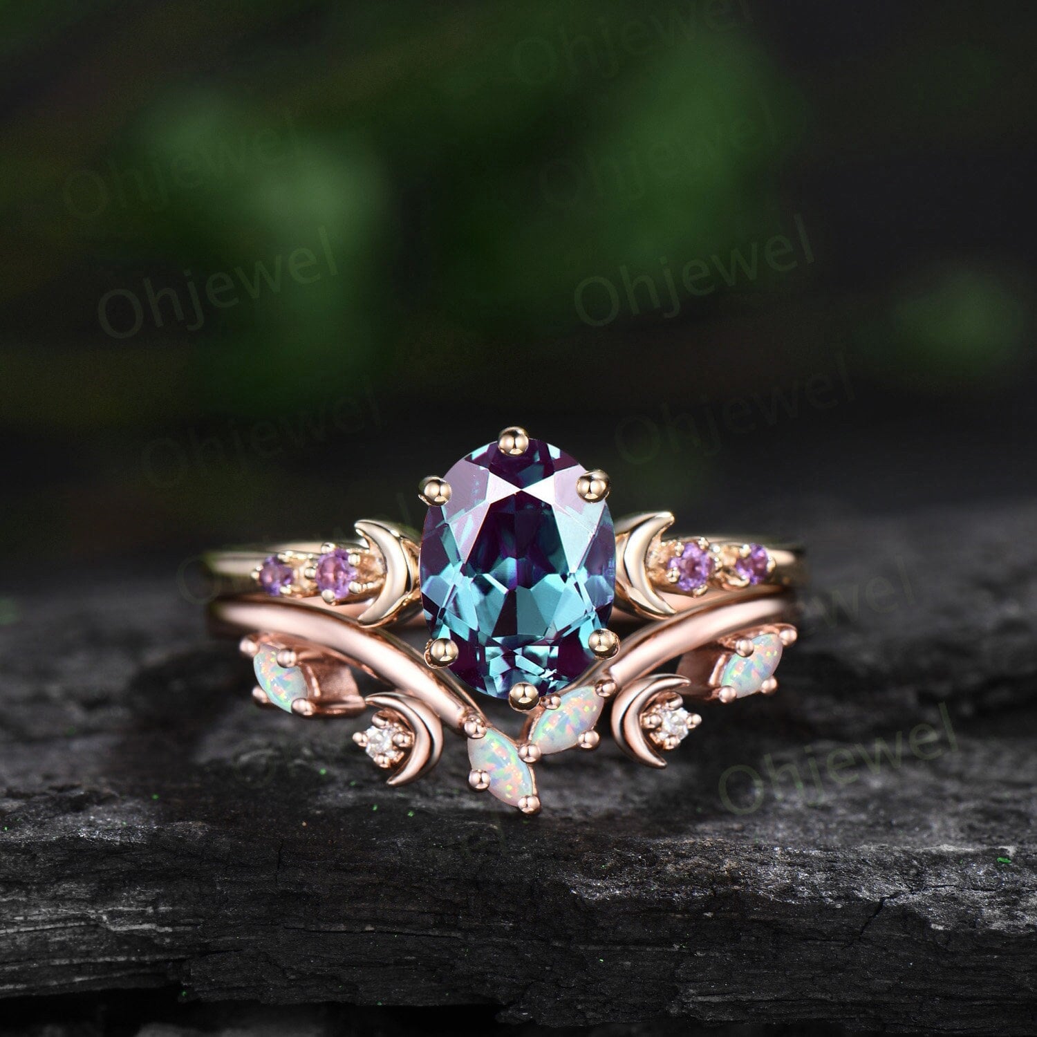 Vintage Long hexagon alexandrite engagement ring opal amethyst ring 14 –  Ohjewel