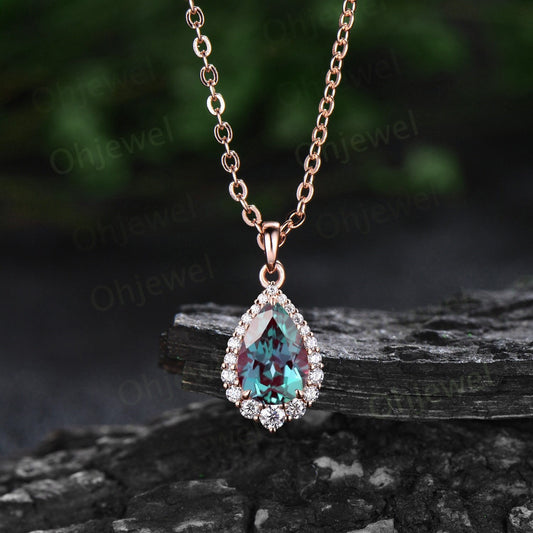 14K Rose Gold Pear Moissanite Halo Diamond Necklace