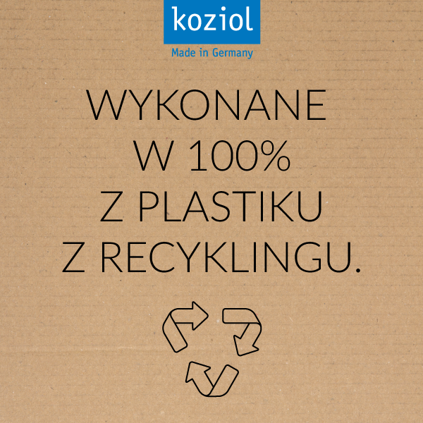 Grafika, która przedstawia, że produkty są wykonane w 100% z plastiku recyklingu