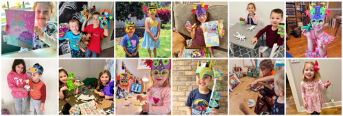 photo grid of multiple happy kids crafting and presenting their finished craft works