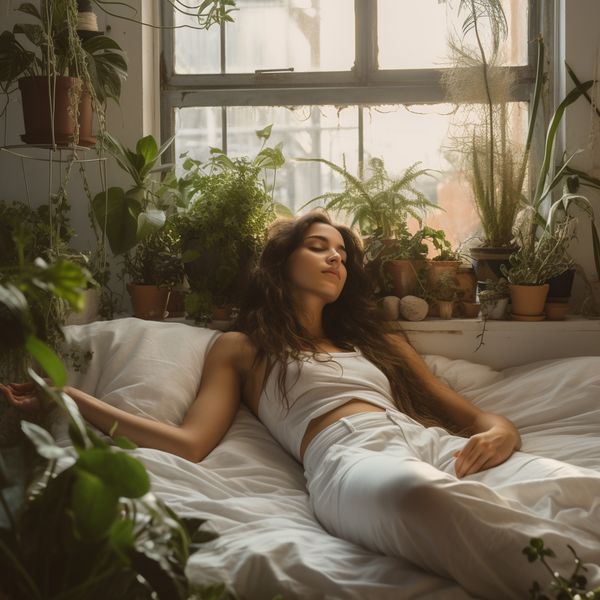 woman sleeping in a bed surrounded by plants