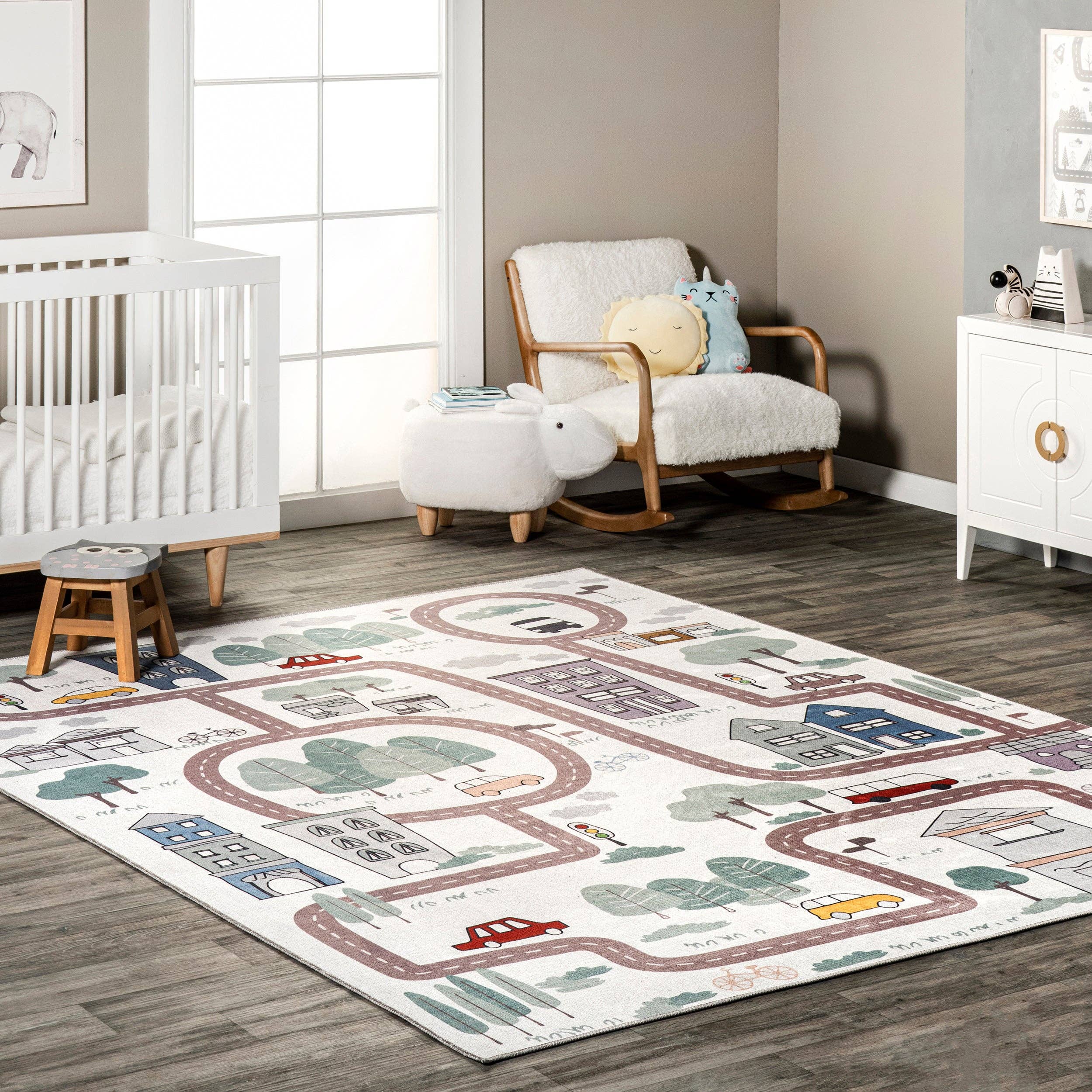 Machine Washable Chalea Blue 5' x 8' Rectangle Area Rug for Kids' Town