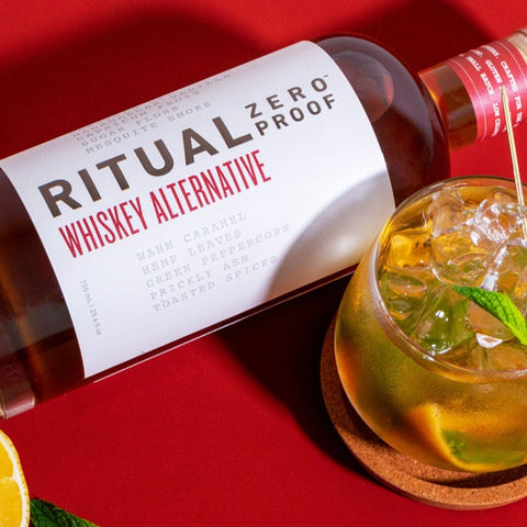 Ritual Whiskey Alternative bottle and mocktail.