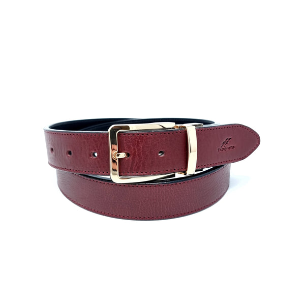 mens burgundy belt with gold buckle