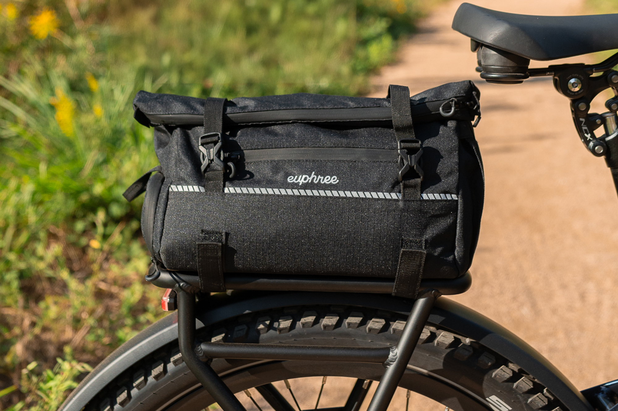 Euphree Trunk Bag mounted on rear rack with reflective accents and water-resistant material