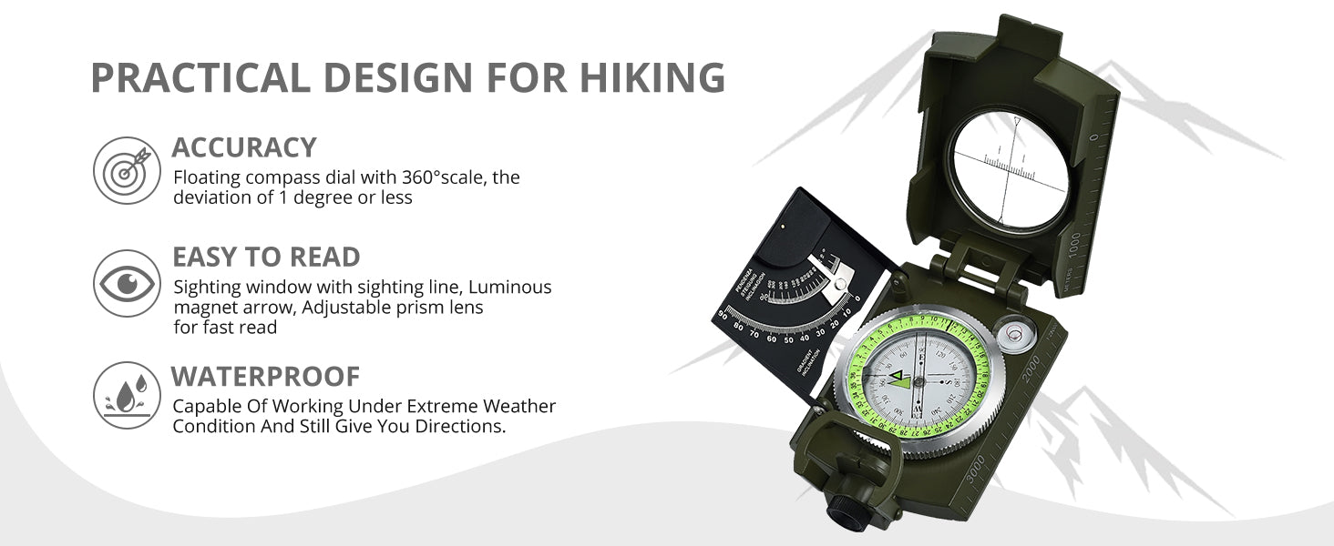 Proster IP65 Hiking Compass with Sighting Clinometer Professional Military Compass ArmyGreen