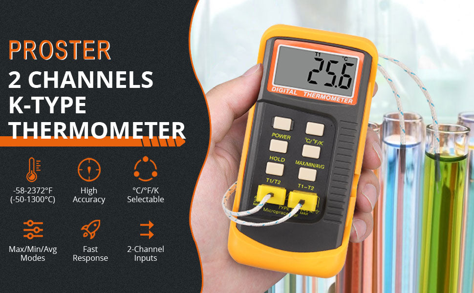 Proster Digital Thermometer K Type 2 Channels Temperature Probes