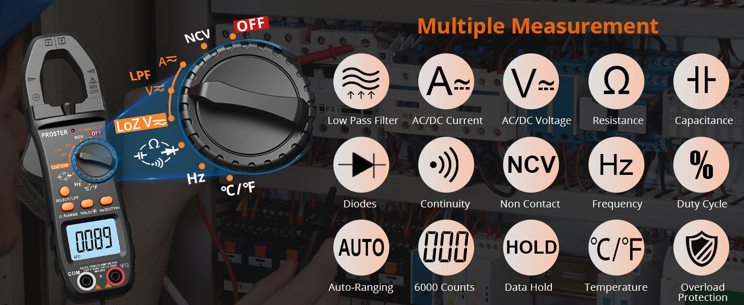 Proster Clamp Meter TRMS 6000 Counts Support LPF LOZ Test Multimeter