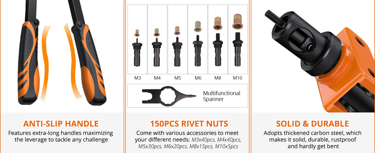 Proster 14" Heavy duty Hand Rivet Nut thread Setter Kit Orange