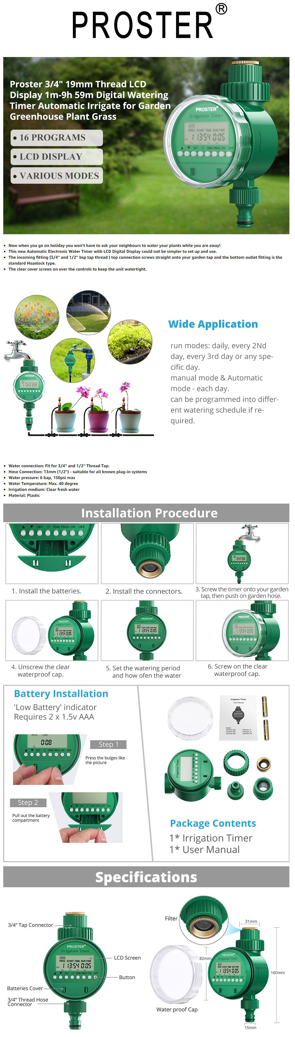 Proster Water Timer 3/4" 19mm Thread Automatic Irrigation Timer with LCD Display 1m - 9h 59m Digital Watering Timer Automatic Irrigate for Garden Greenhouse Plant Grass