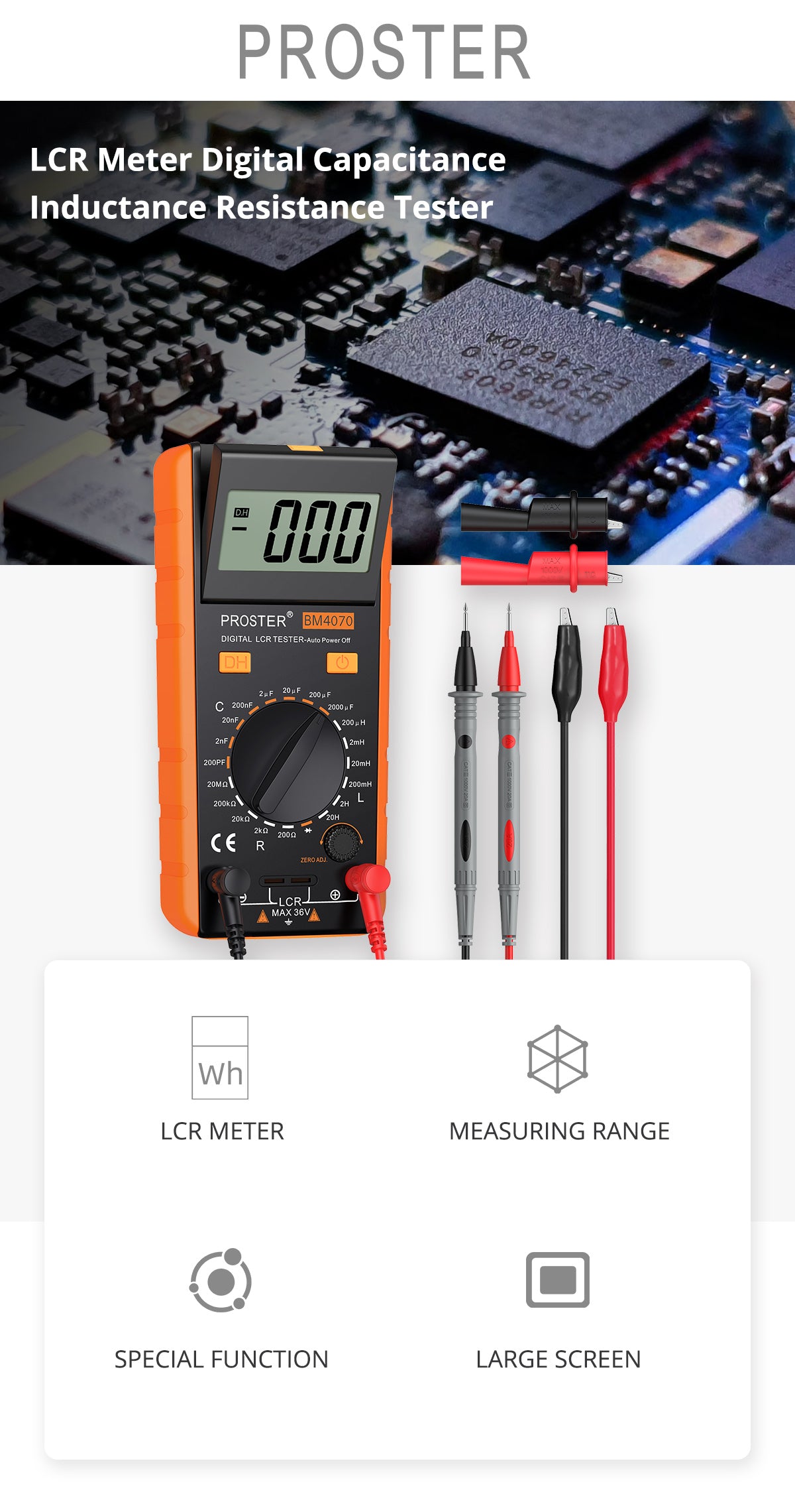 Proster LCR Meter Digital Capacitance Inductance Resistance Tester Orange