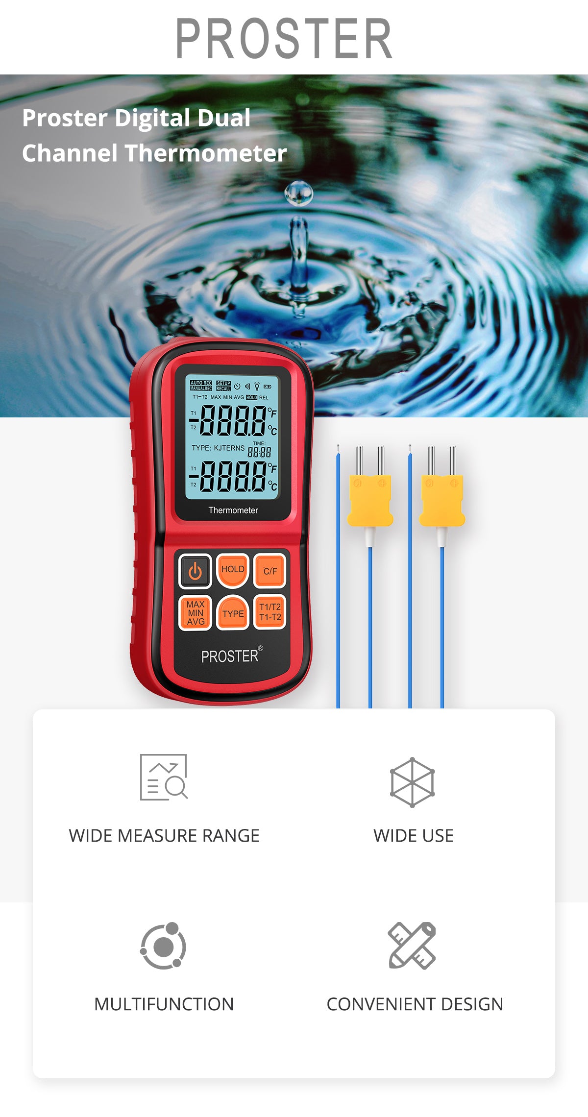 Proster Digital Thermometer Dual Channel Thermometer with Two K- type Thermocouples Temperature Meter with LCD Backlight for K/J/T/E/R/S/N Thermocouple
