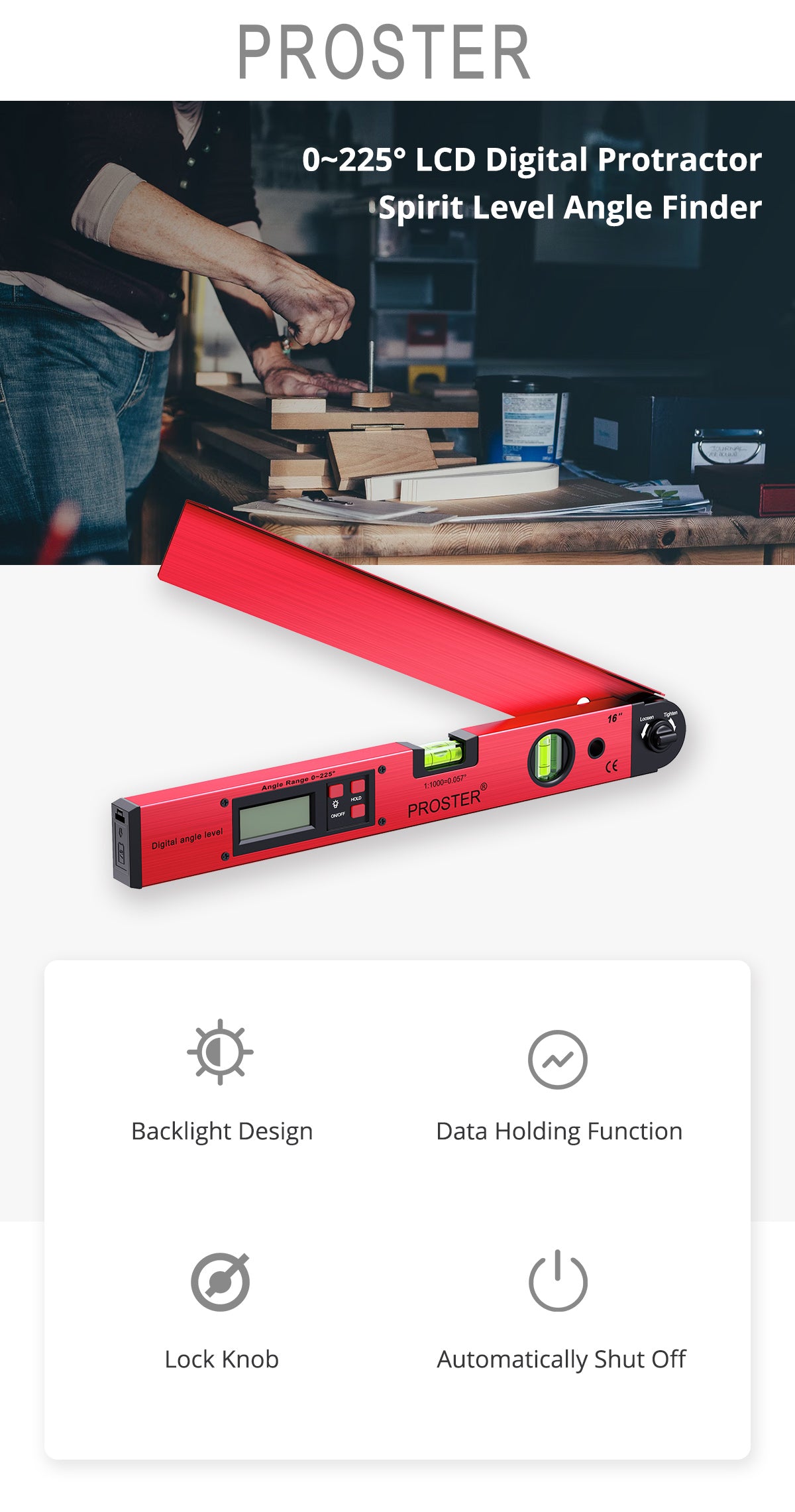 Proster 0-225°Digital Inclinometer Protractor Angle Finder