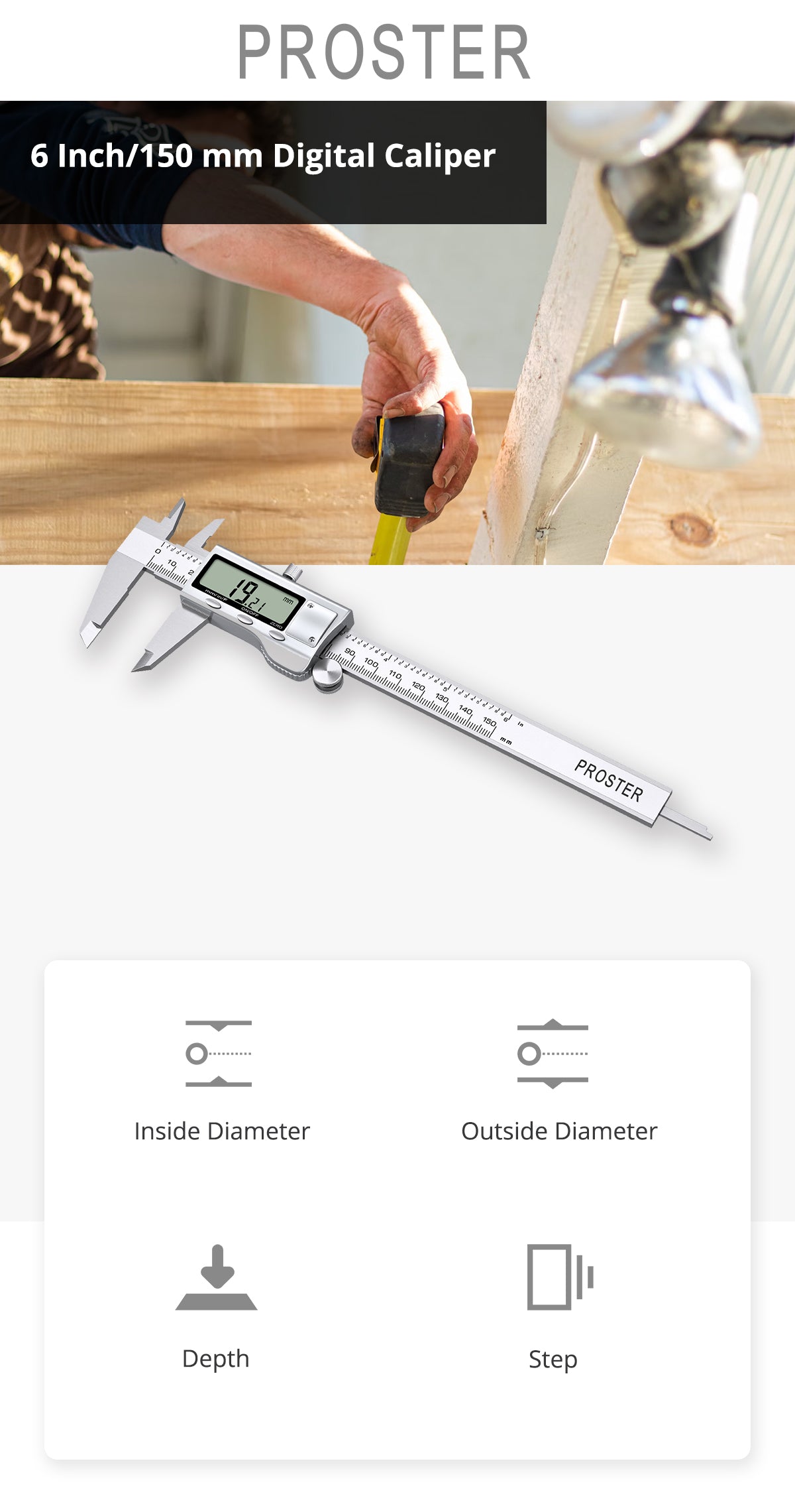 Proster Digital Vernier Caliper 6 Inch/ 150 mm Stainless Steel Electronic Caliper