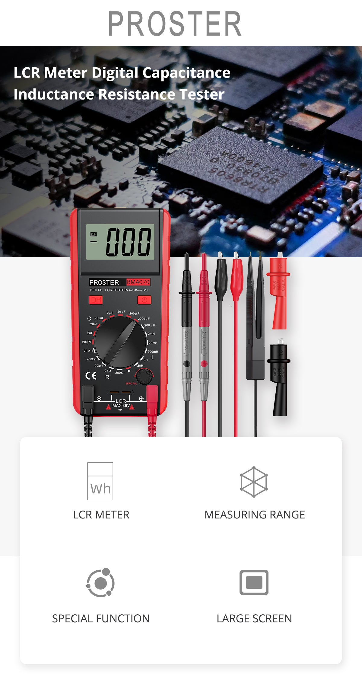 Proster LCR Meter Digital Capacitance Inductance Resistance Tester with Battery Crocodile Clip Bag LCR Tester Measuring Meter Red
