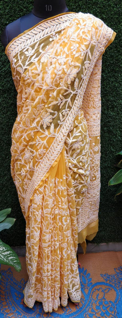 Yellow chikankari Net designer Chikan Saree, 5.5 m (separate blouse piece)  at Rs 850 in Dehradun