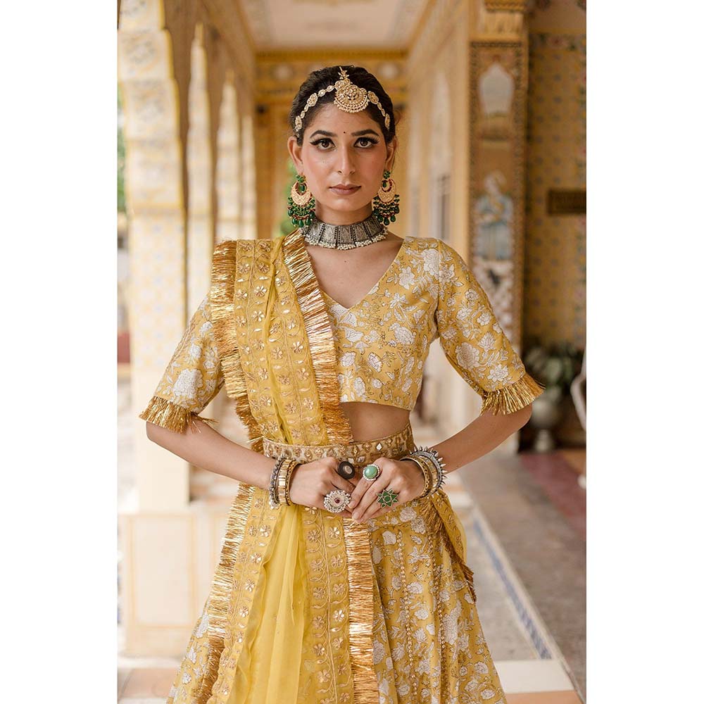 Mira White Block print Lehenga Set with organza Dupatta